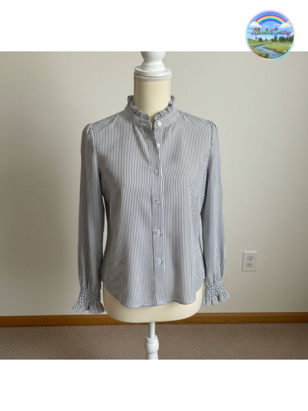 Women's Striped Button Down Shirt Long Sleeve Ruffle Collar Smocked Cuff Blouse